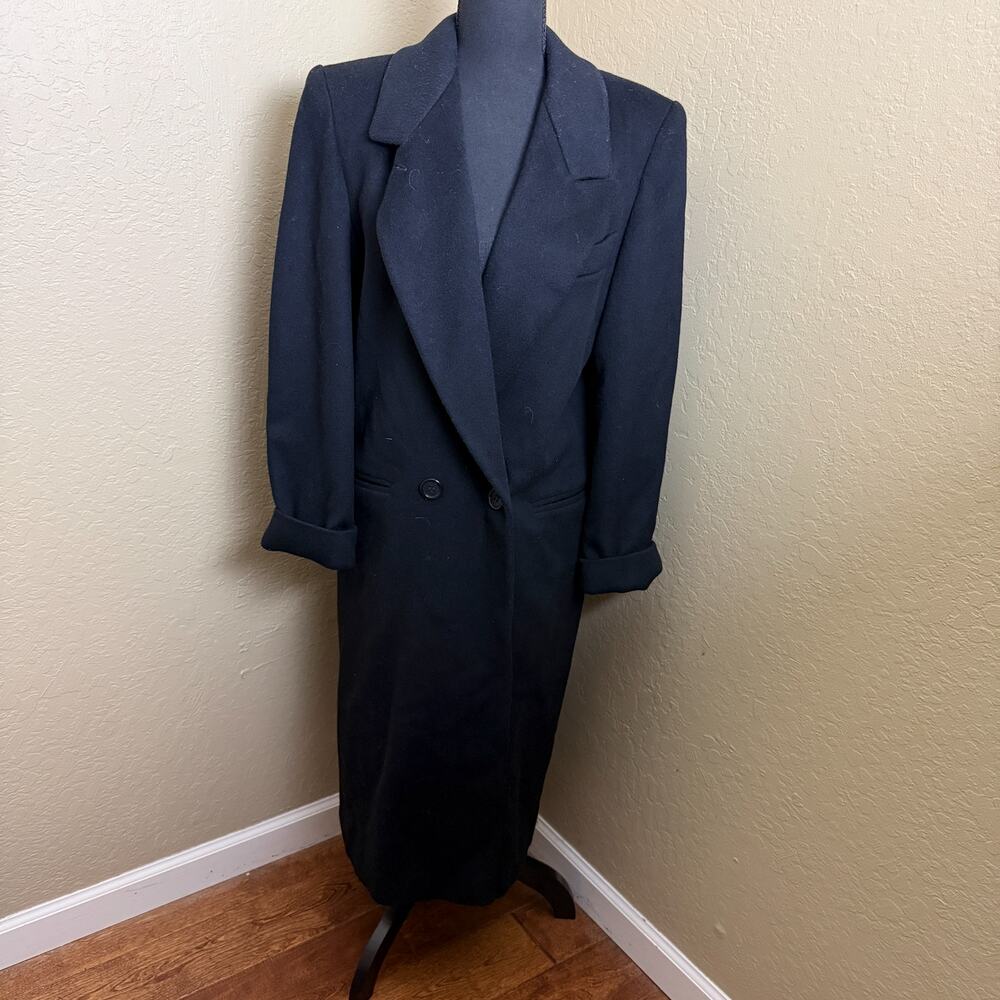 Ashley Scott Petite Black Wool Long Coat Classic Double Breasted USA